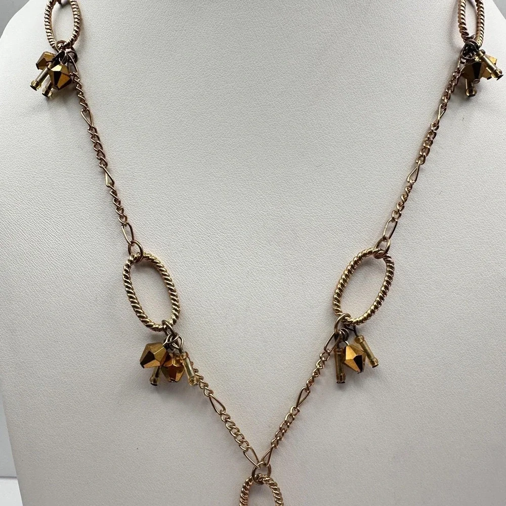 Vintage 90s Amber Citrine Glass Pendant Necklace Gold Tone Beaded Boho Statement